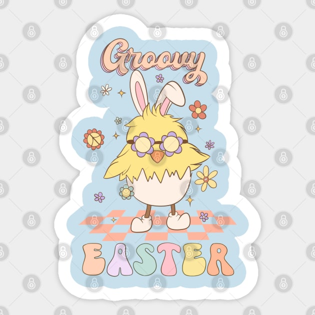 Groovy Easter Funny Chick with Bunny Ears Dancing on the floor Sticker by JDVNart